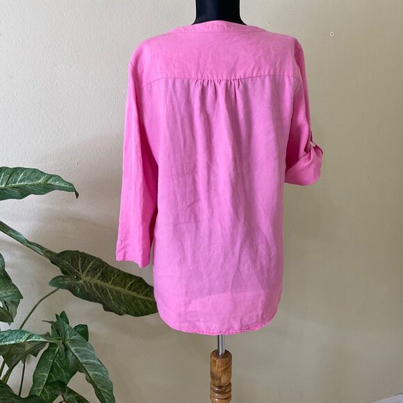Chaus Sport Top Linen women’s M Pink Roll Tab Sleeves Button up Pin Tuck Blouse - Picture 3 of 10